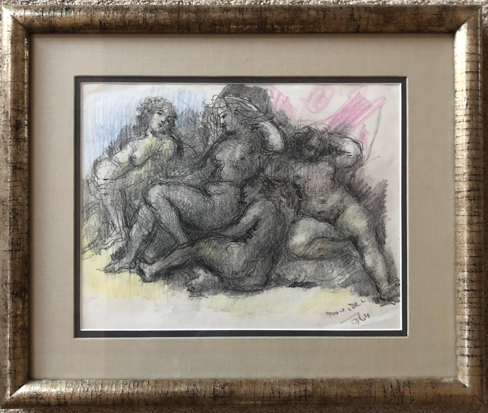 Lipot Herman (1884-1972) Original Mix Medium / Signed: Lipot Herman - " Allegorical Scenes" graphite and color crayon on paper Signed lower right c 1960s Frame 15 x 18 Site 9 1/4 x 12