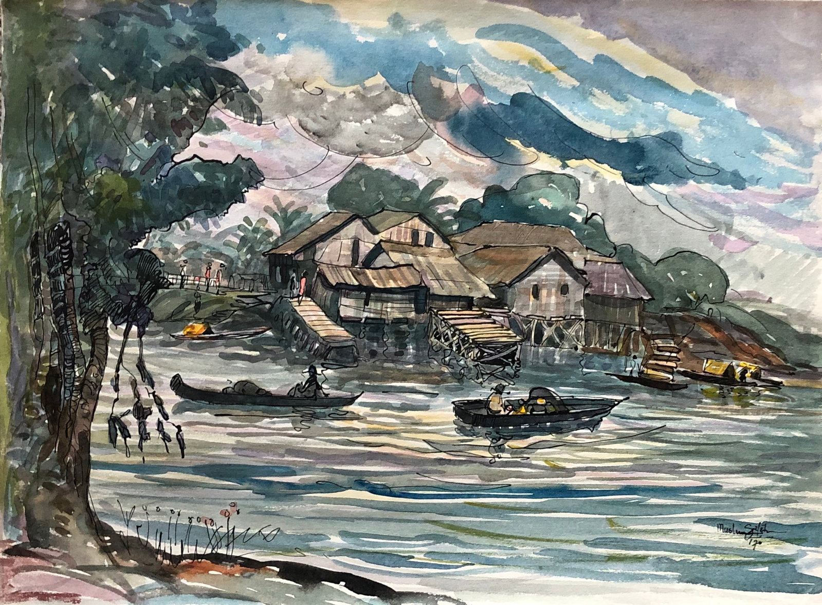 Muslim Saleh -(b. 1927 Sumatra)- painting: Muslim Saleh (b. 1927 Sumatra) Beautiful watercolor and ink on paper. 10 3/4 x 14 3/4 " Signed lower right Dated 1970