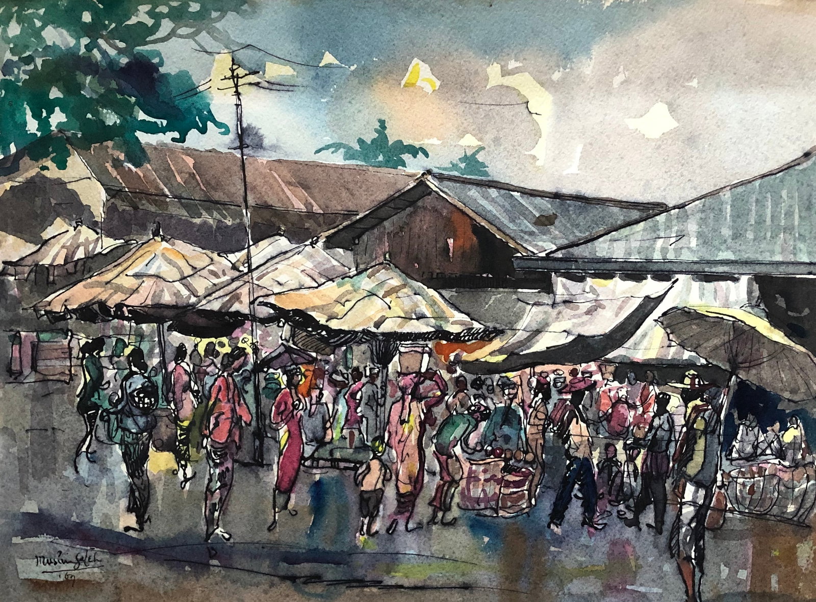 Muslim Saleh -(b. 1927 Sumatra)- painting: Muslim Saleh (b. 1927 Sumatra) Beautiful watercolor and ink on paper. 10 3/4 x 14 3/4 " Signed lower right Dated 1969