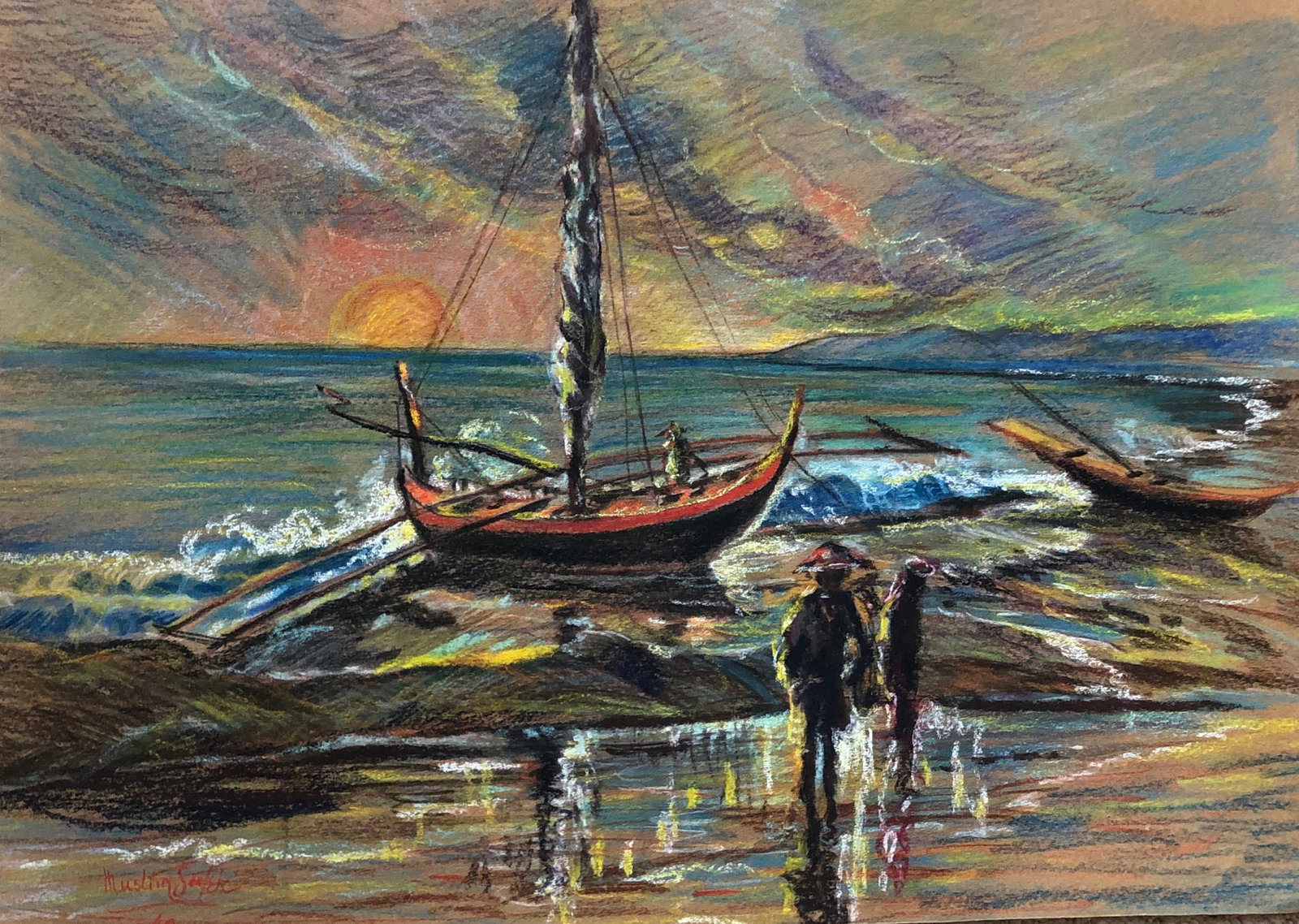 Muslim Saleh -(b. 1927 Sumatra)- pastel (1 of 3)
