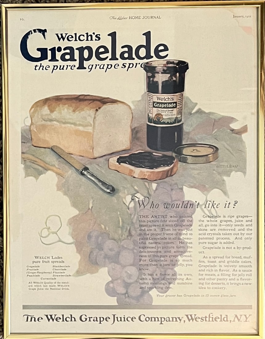 Wechs Grapelade 1921 Orignal Ad: Welchs Grapelade- the Welch Grape Juice Co. The Ladies Home Journal - January 1921. Original Art Ad- 13 1/4 x 10" Frame: 13 3/4 x 10 3/4"