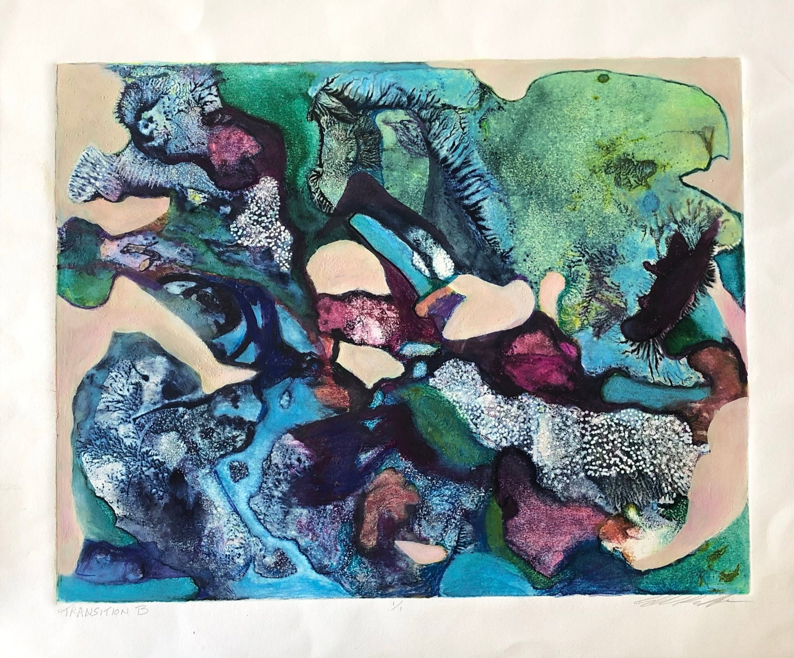 Ellen Kieffer- Monoprint: Ellen Kieffer - monoprint (one off) Edition 1/1 Title: Transition B Signed lower right Dimension: 18 1/4 x 21 3/4" Kieffer was a bay area artist w/ a Masters of Fine Arts in Printmaking. Her first