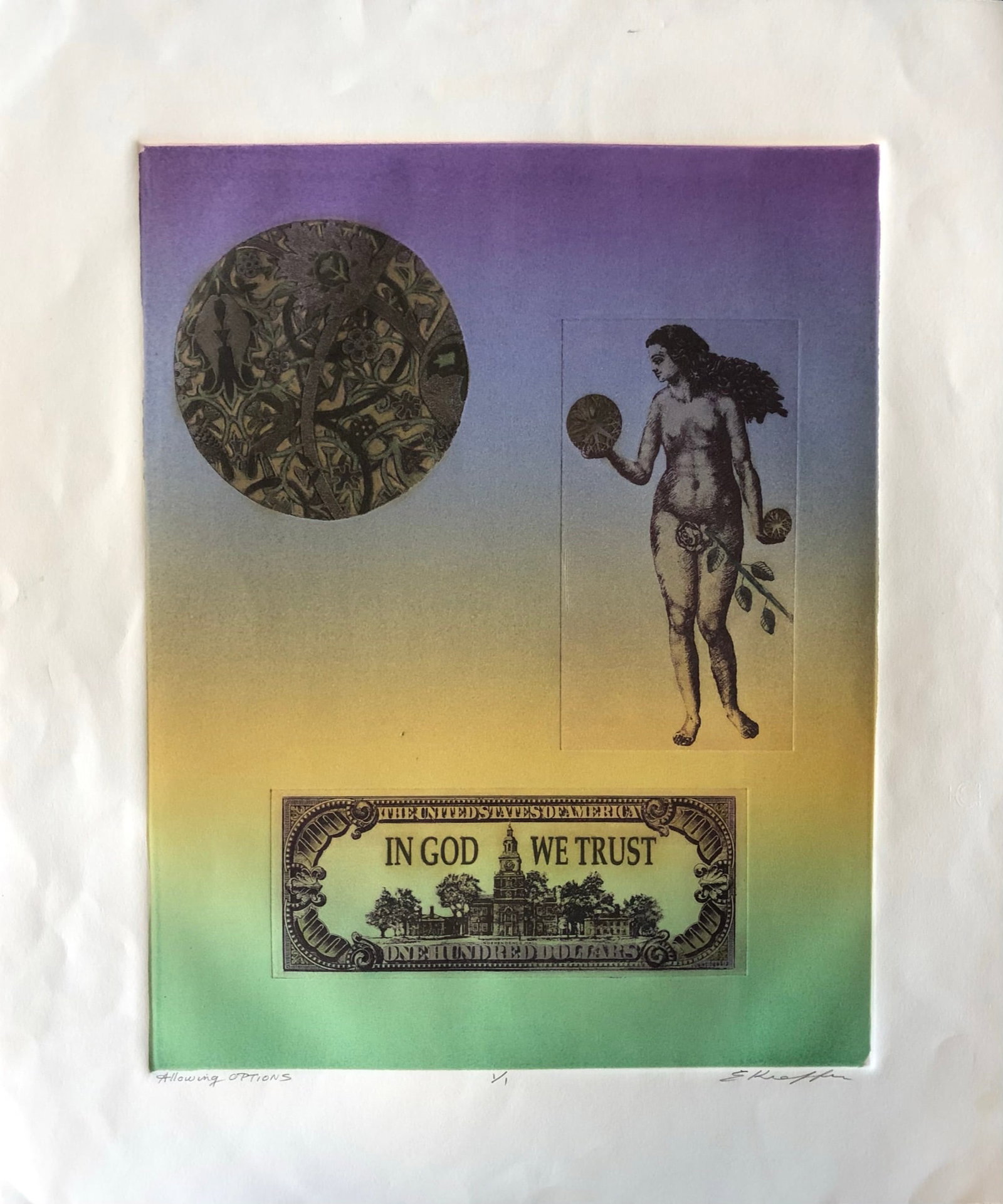Ellen Kieffer- monoprint: Ellen Kieffer - Monoprint (one off art work ) Edition 1/1 Signed lower right Title: Allowing Options Dimension: 25 5/8 x 21 7/8" Kieffer was a bay area artist w/ a Masters of Fine Arts in Printmaking.