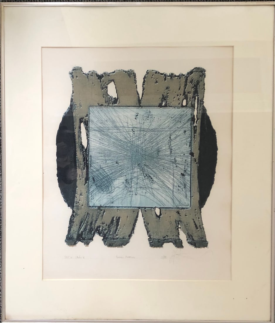 Abstract-signed: Abstract - etching / corabundum - TCP 11 State 11 Title : Broken Arrow Unidentified Signature- signed lower right (came from exclusive art collection) Edition 3/88 Frame: 24 x 20 3/4" Site: 17 1/2 x