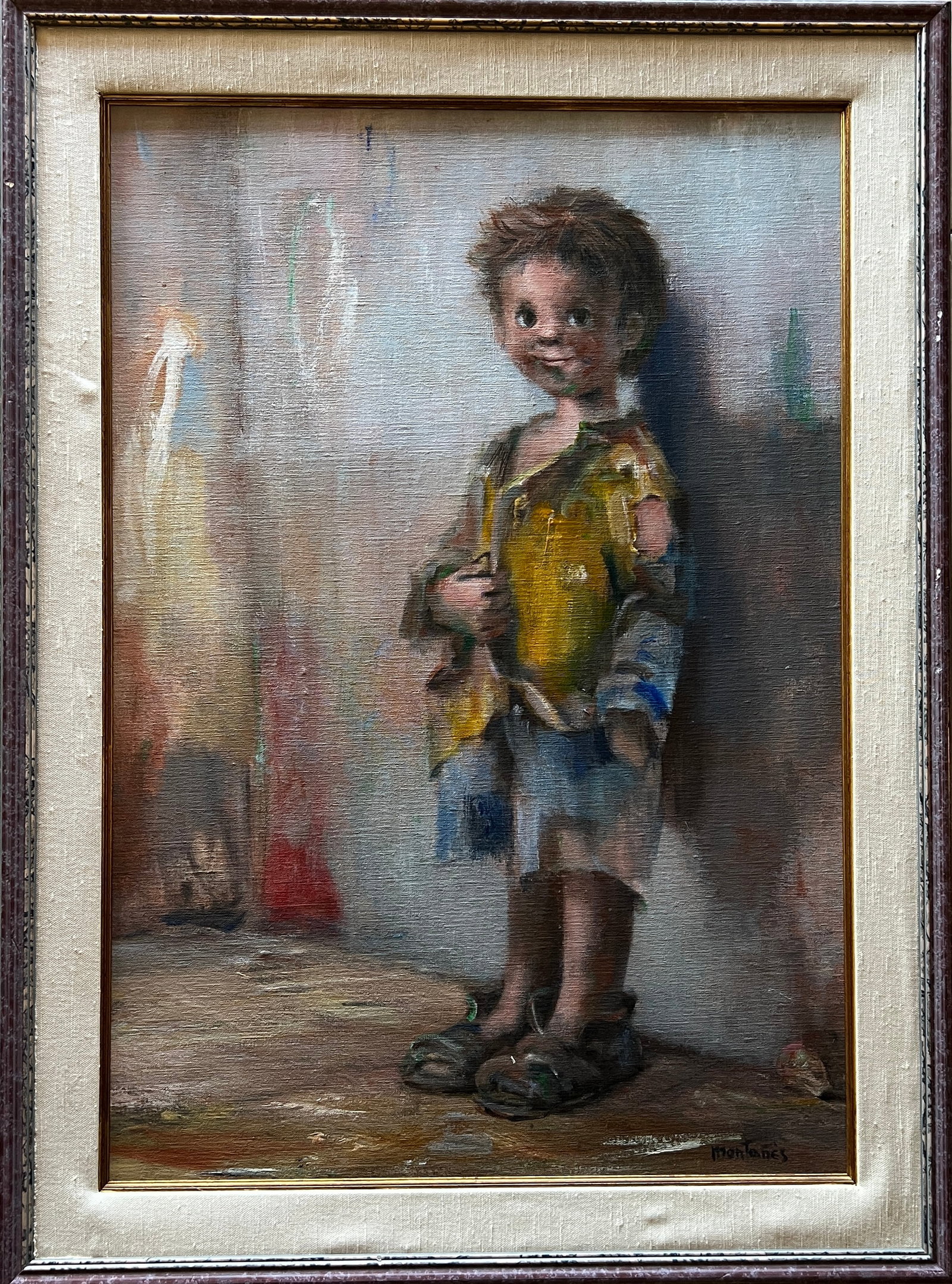 Jose Montanes-(1918=1998) Oil on canvas 1995: Jose Montanes (1918-1998) Spain. Oil on canvas. Title: Child of the Streets. Dimension: Framed: 38.5 x 28.5" Canvas: 33 x 23" Vintage Frame. Gallery bought 1995 w/ envelope on the verso. Listed