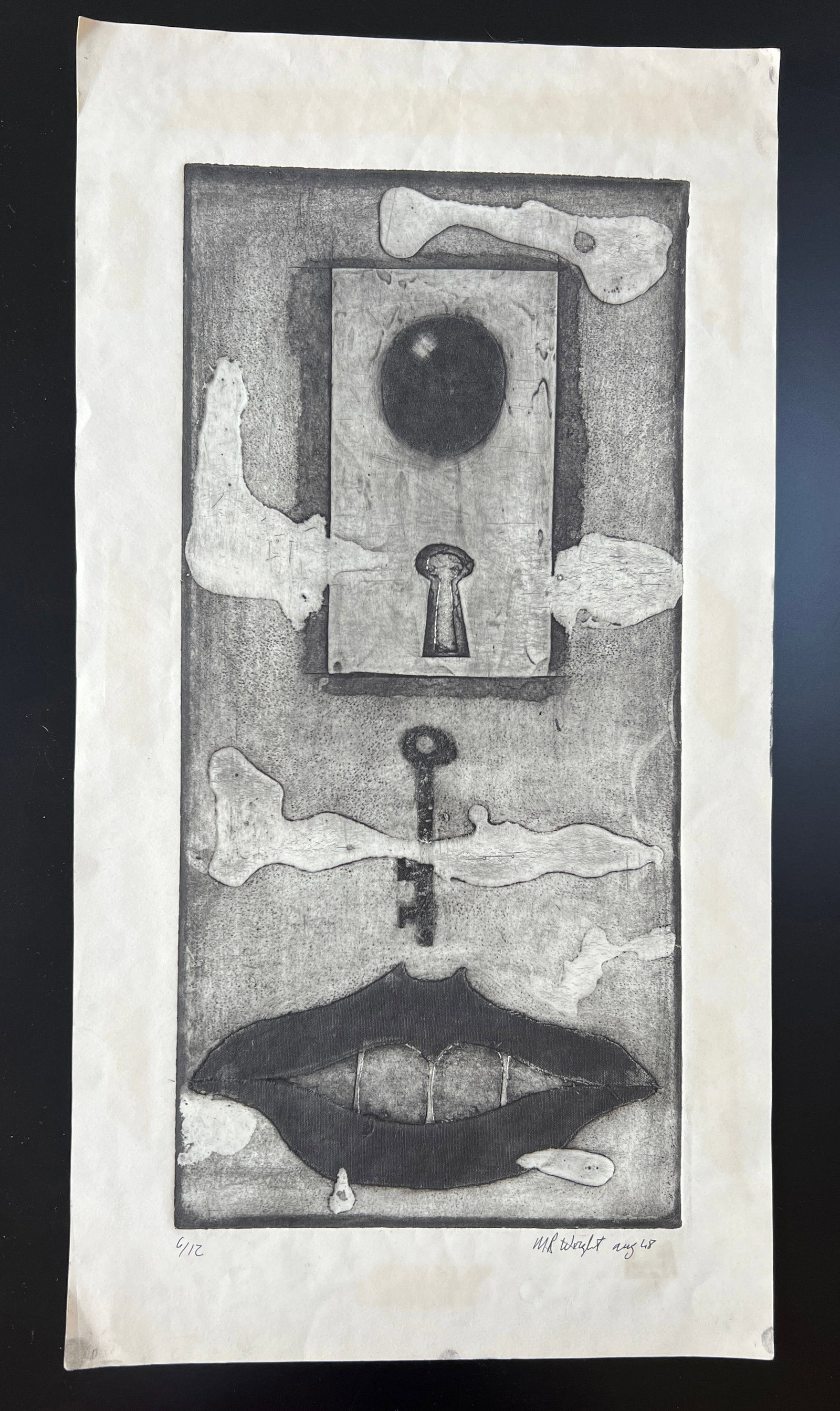 Surrealist etching w embossing 1948 print by M. R. Wright (1 of 7)