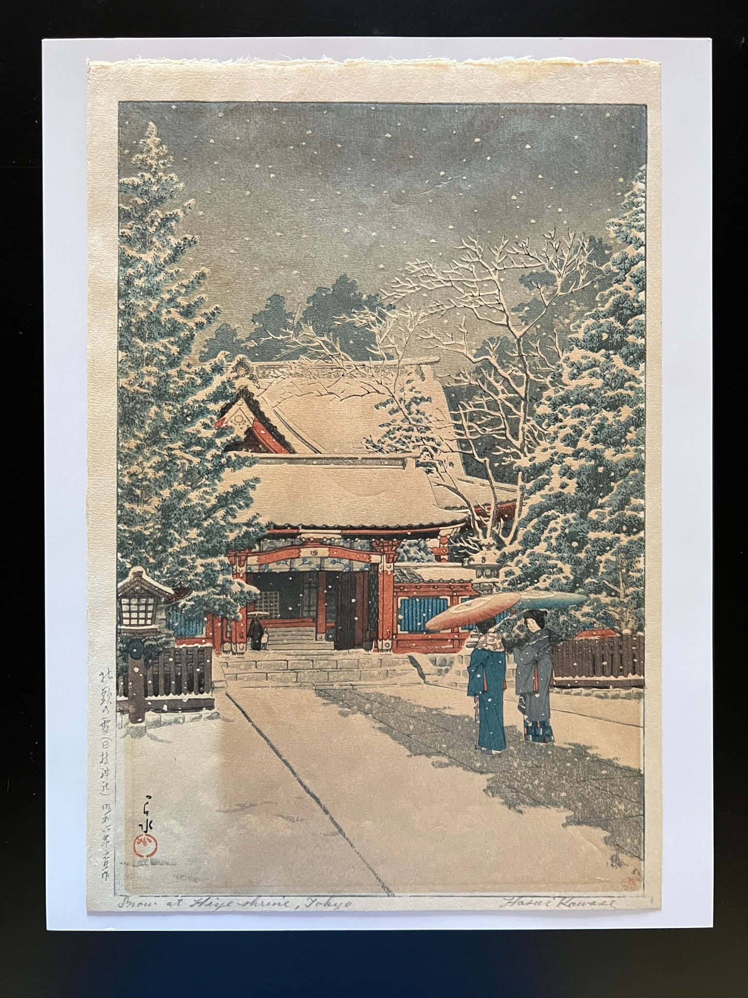 Hasui Kawase -(1883-195) Snow At the Shrine,woodblock: titled + signed in pencil, Watanabe and: Hasui Kawasi (1883-1957) Title: Snow at the Shrine. Rare woodcut. Sheet 15 1/4 x 10 1/4. Titled, signed in pencil. Publisher-Watanabe and artist Red Seal. Kawasi was one of Japans most important and