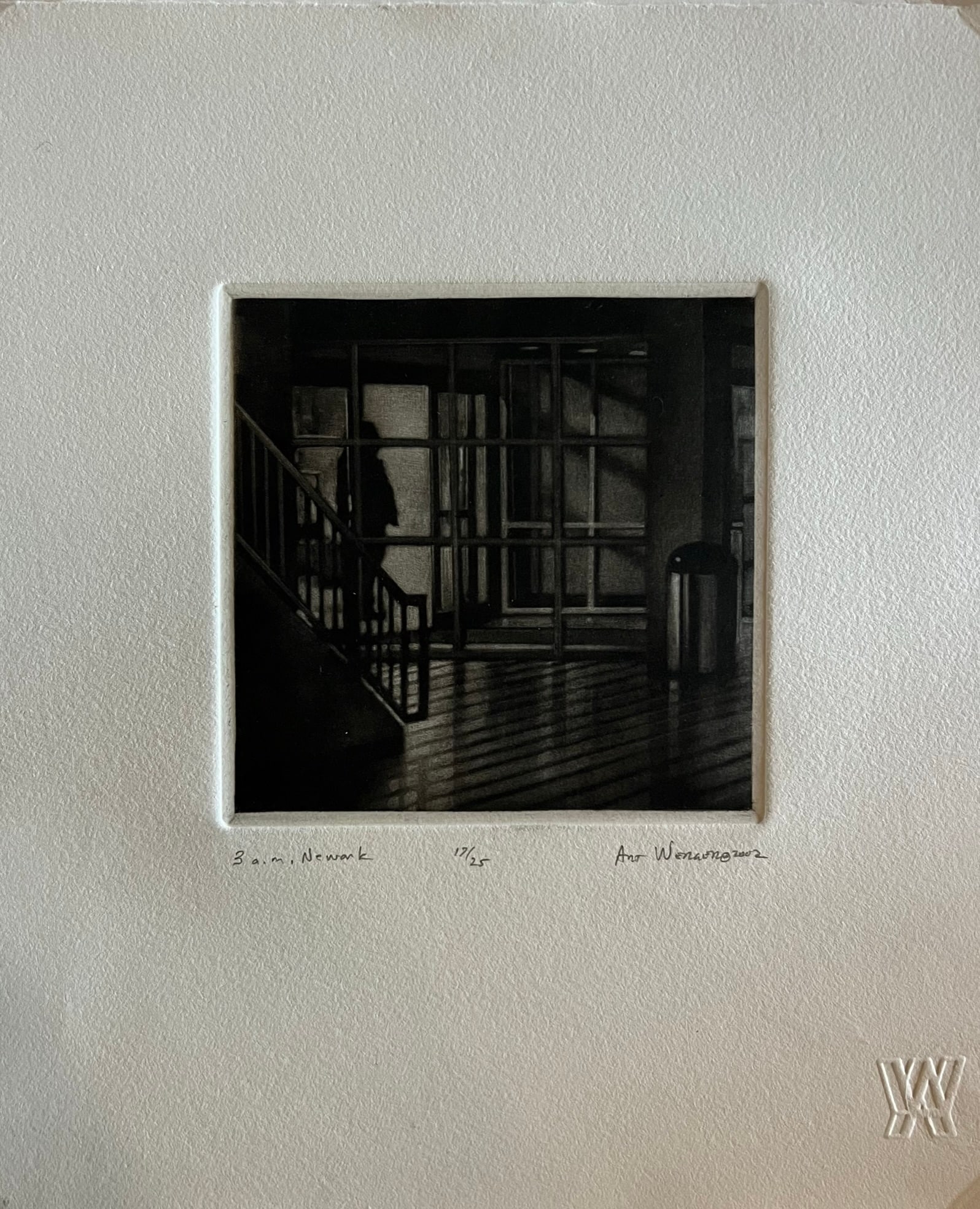 Art Werger (1955-) Mezzotint: Art Werger (1955-) Title: 3 am Newark Series: Time frames from Midnight to Midnight Year: 2002 Type: Mezzotint. Title inscribed in pencil under the image, signed and dated. AW= artist embossed stamp