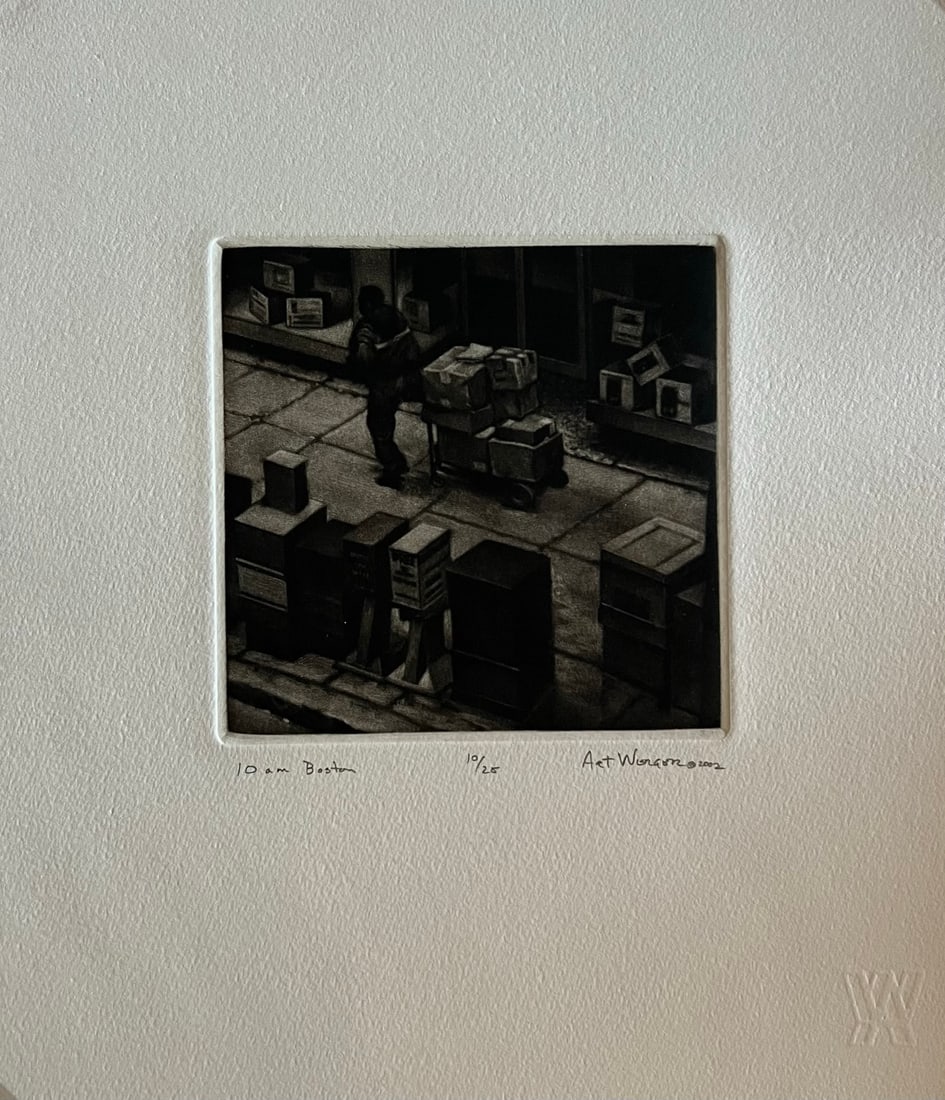 Art Werger (1955-) Mezzotint: Art Werger (1955-) Title: 10 AM Boston Series: Time frames from Midnight to Midnight Year: 2002 Type: Mezzotint. Title inscribed in pencil under the image, signed and dated. AW= artist embossed stamp