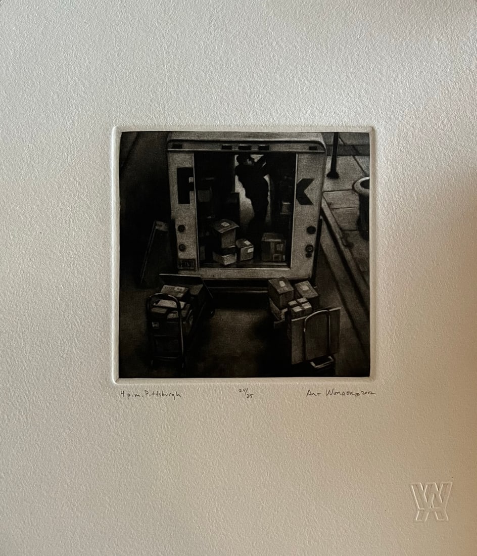 Art Werger (1955-) Mezzotint: Art Werger (1955-) Title: 4 PM Pittsburgh Series: Time frames from Midnight to Midnight Year: 2002 Type: Mezzotint. Title inscribed in pencil under the image, signed and dated. AW= artist embossed