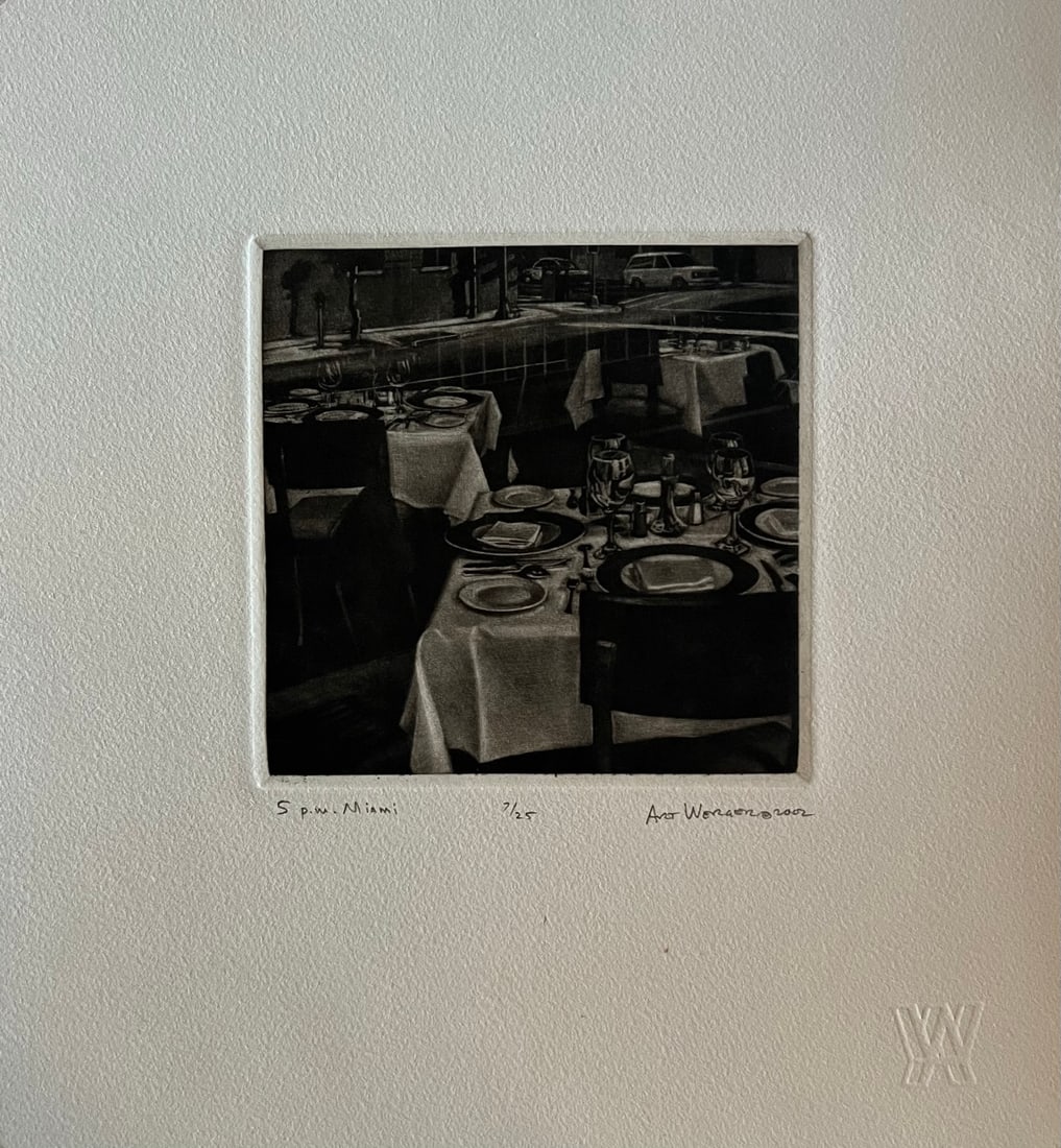 Art Werger (1955-) Mezzotint: Art Werger (1955-) Title: 5 PM Miami Series: Time frames from Midnight to Midnight Year: 2002 Type: Mezzotint. Title inscribed in pencil under the image, signed and dated. AW= artist embossed stamp