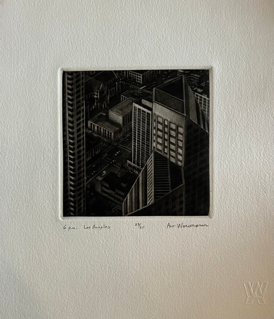 Art Werger (1955-) Mezzotint: Art Werger (1955-) Title: 6 PM Los Angeles Series: Time frames from Midnight to Midnight Year: 2002 Type: Mezzotint. Title inscribed in pencil under the image, signed and dated. AW= artist embossed