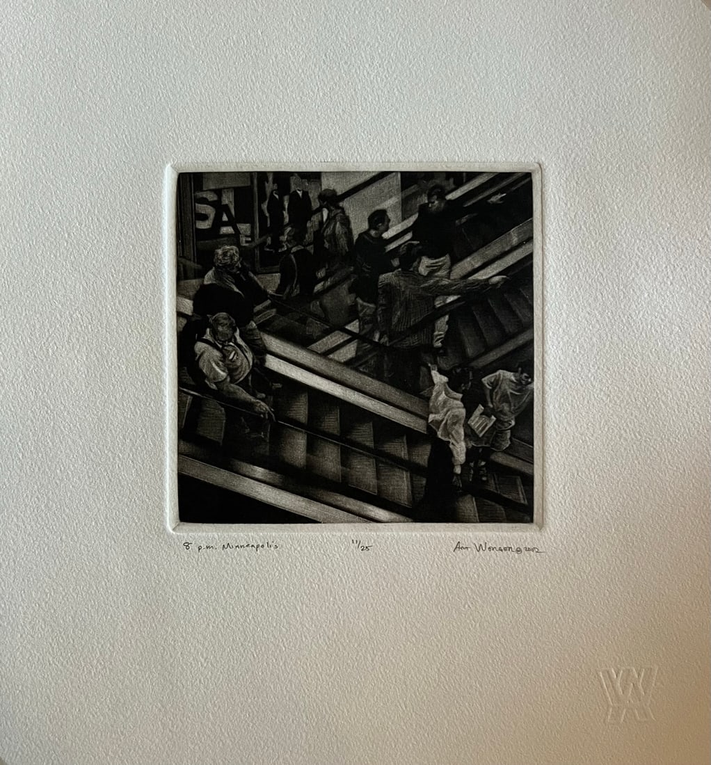 Art Werger (1955-) Mezzotint: Art Werger (1955-) Title: 8 PM Minneapolis Series: Time frames from Midnight to Midnight Year: 2002 Type: Mezzotint. Title inscribed in pencil under the image, signed and dated. AW= artist embossed
