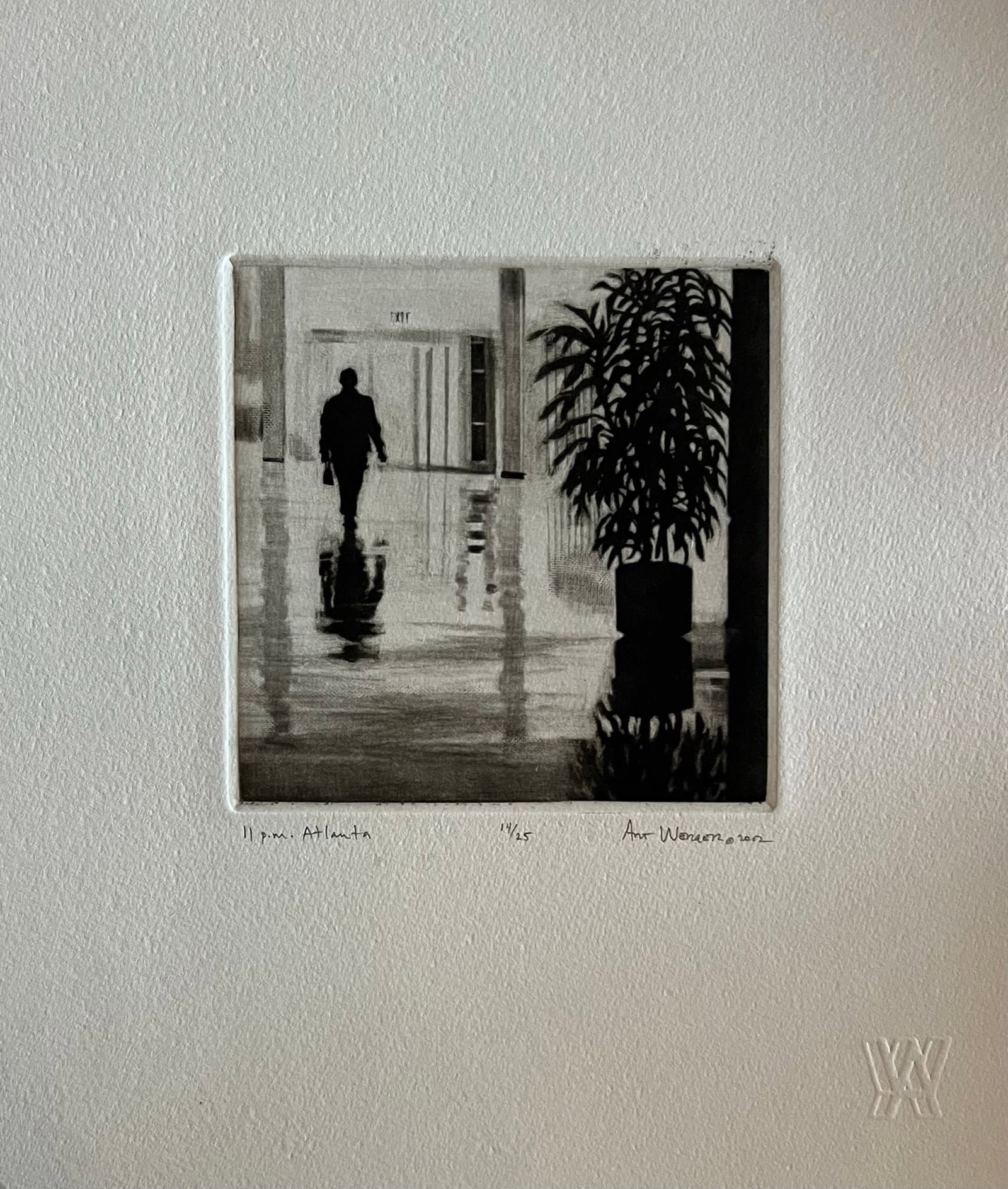 Art Werger (1955-) Mezzotint: Art Werger (1955-) Title: 11 PM Atlanta Series: Time frames from Midnight to Midnight Year: 2002 Type: Mezzotint. Title inscribed in pencil under the image, signed and dated. AW= artist embossed