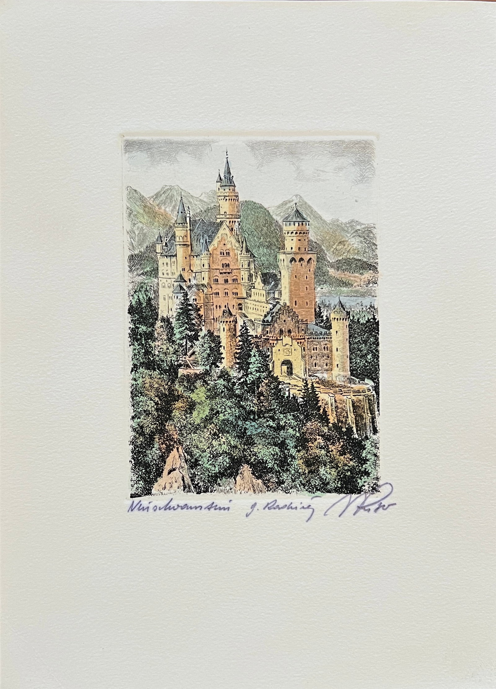 Hand colored etching of Neuschwanstein Castle in Bavaria, Germany- Signed (1 of 3)