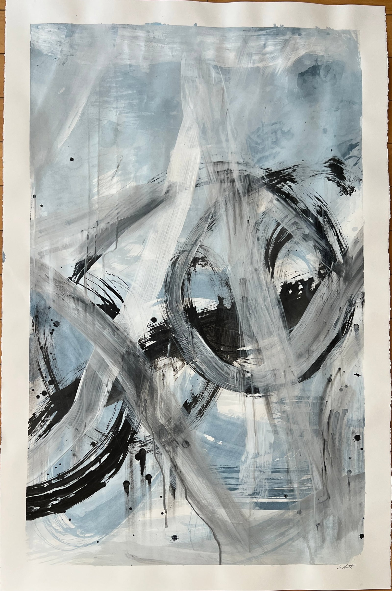 Large Abstract painting- signed Eliot -swirling and splattered multi color: Abstract Painting signed Eliot - large painting on paper -swirling and splattered multi color painting. Dimension: 37.75 x 25"