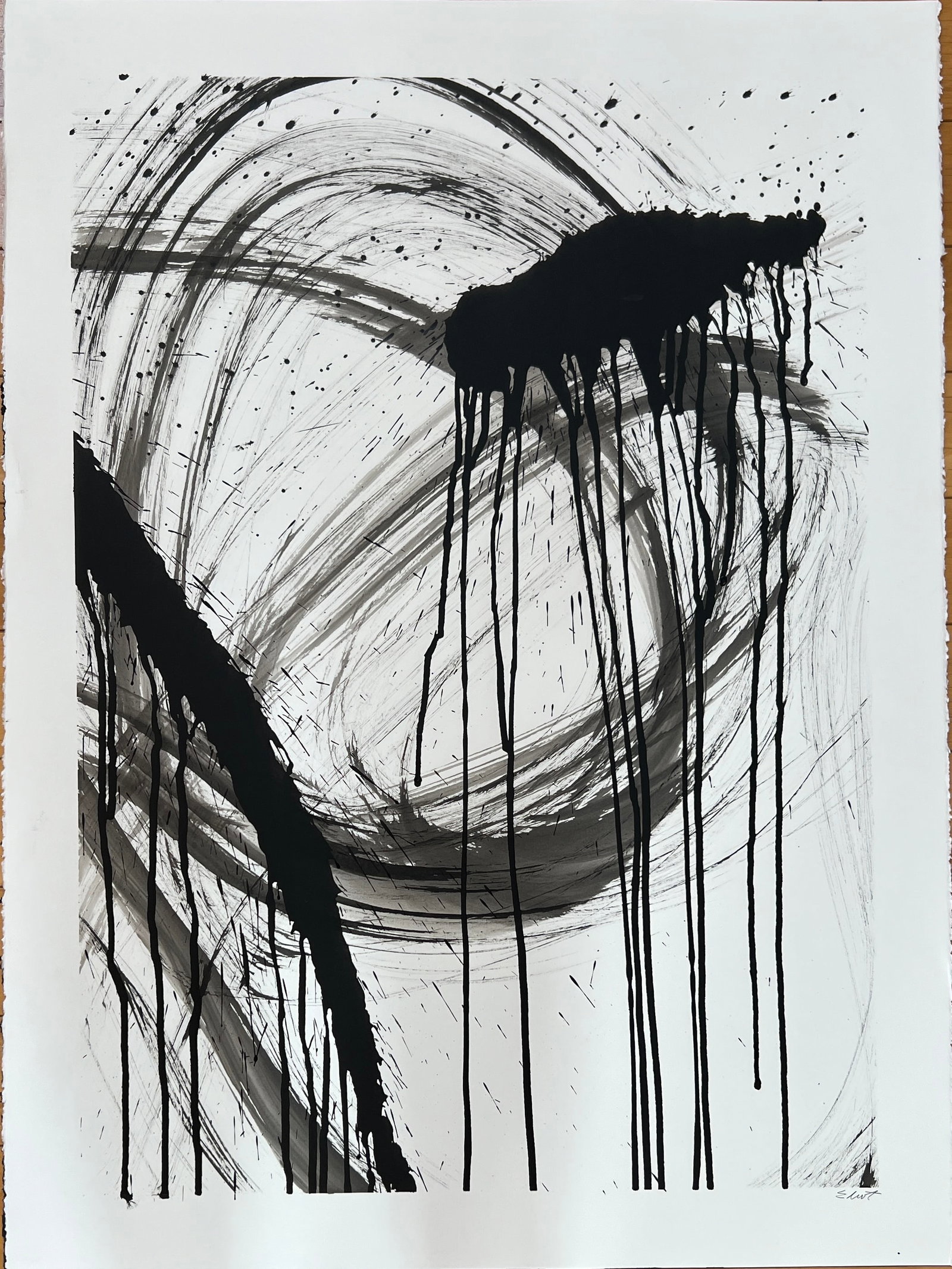 Black Paint Series - Signed Eliot. Abstract: Abstract painging on paper from the "Black Paint Series" signed Eliot. Great dripping paint. Dimenson: 30 x 22"