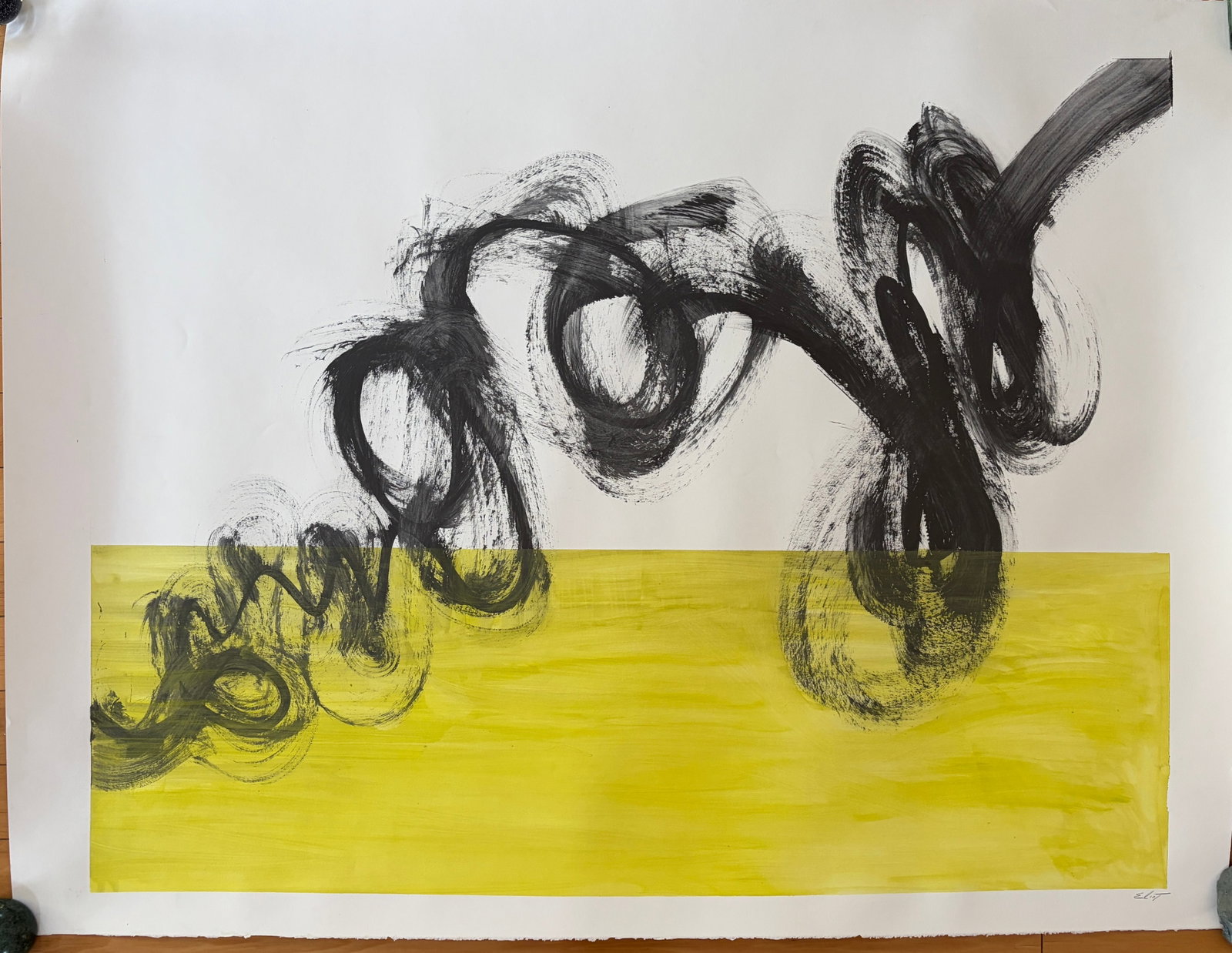 Abstract mid century painting -signed Eliot: Very Large Abstract painting on paper - yellow/blk. Signed Eliot. Dimension: 38 x 49.75. Never framed