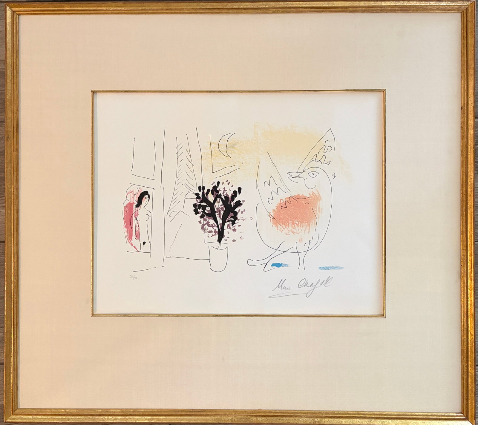Chagall -Le Coq Rouge - Signed. Edition 34 / 90: Chagall - Title: Le Coq Rogue. Hand Signed. Edition 34 / 90. 1957. Lithograph. Framed without glass.