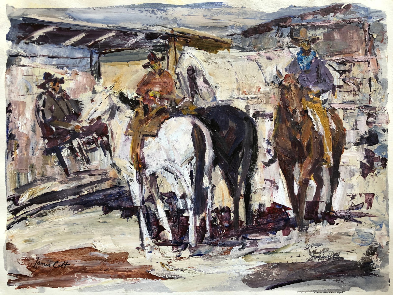 James Colt (1922-2005) Oil painting: James Colt ( 1922-2005) Oil painting on paper. Signed lower left. 18' x 24'. His impressionistic work is easily recognizable. A listed Western artist, he is known for his scene paintings with cowboys 