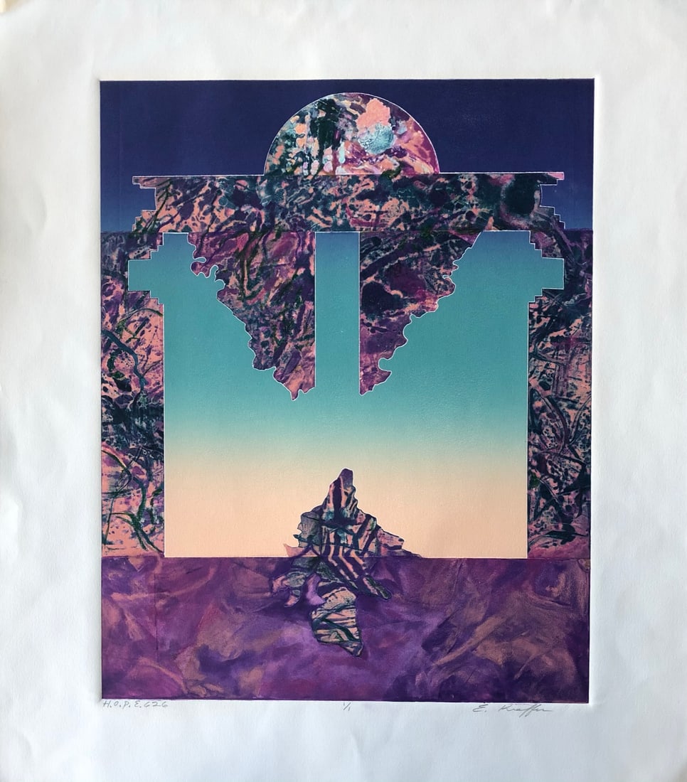 Ellen Kieffer-Monoprint: Ellen Kieffer - Monoprint (one off art work) Edition 1/1 Title : H.O.P.E. 626 Signed lower right Dimension: 24 3/4 x 22" Kieffer was a bay area artist w/ a Masters of Fine Arts in Printmaking. Her