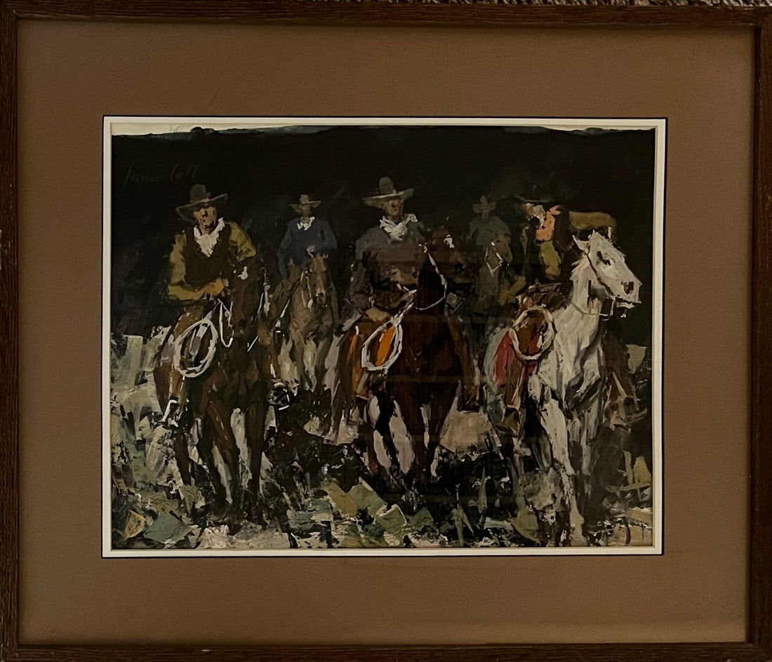 James Colt (1922-2005) Gouache and watercolor painting.: James Colt (1922-2005) Gouache and watercolor painting. Title: The Last Posse Year: 1994 Signed verso Vintage Frame. Frame: 21 x 25 Sight" 13 1/2 x 17 1/2" . He is known for his Semi- Abstract Impress
