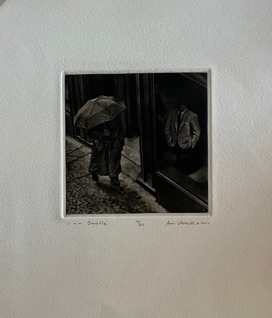 Art Werger (1955-) Mezzotint: Art Werger (1955-) Title: 11 AM Seattle Series: Time frames from Midnight to Midnight Year: 2002 Type: Mezzotint. Title inscribed in pencil under the image, signed and dated. AW= artist embossed stamp