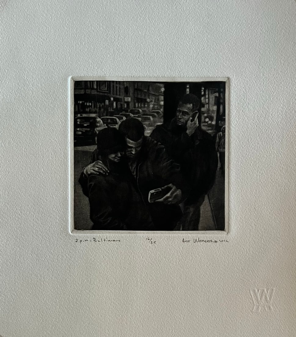 Art Werger (1955-) Mezzotint: Art Werger (1955-) Title: 2 PM Baltimore Series: Time frames from Midnight to Midnight Year: 2002 Type: Mezzotint. Title inscribed in pencil under the image, signed and dated. AW= artist embossed stam