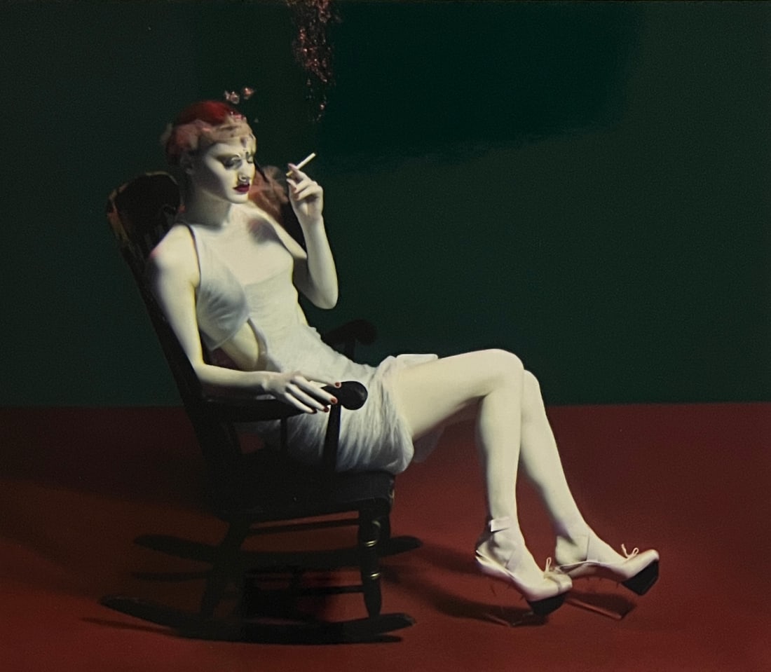 Rene & Radka Limited Edition AP print-Girl in Rocking Chair wearing dress smoking: Rena & Radka (Rene Hallen - Germany / Radka Leitmeritz -Czech Rep) Limited Edition proof. Girl in dress and high heels sitting in rocking chair smoking. Exhibitions in Paris, Slovakia, Italy, NY. 2010