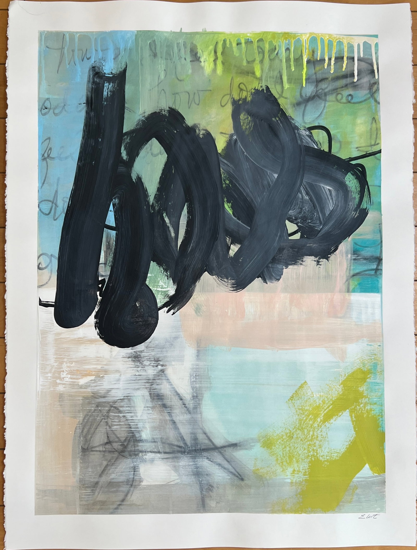 Abstract Mid Century Painting signed: Abstract painting on paper, light pastel color w/ soft undertones and black powerful strokes, signed Eliot. Dimensions: 30 x 22"