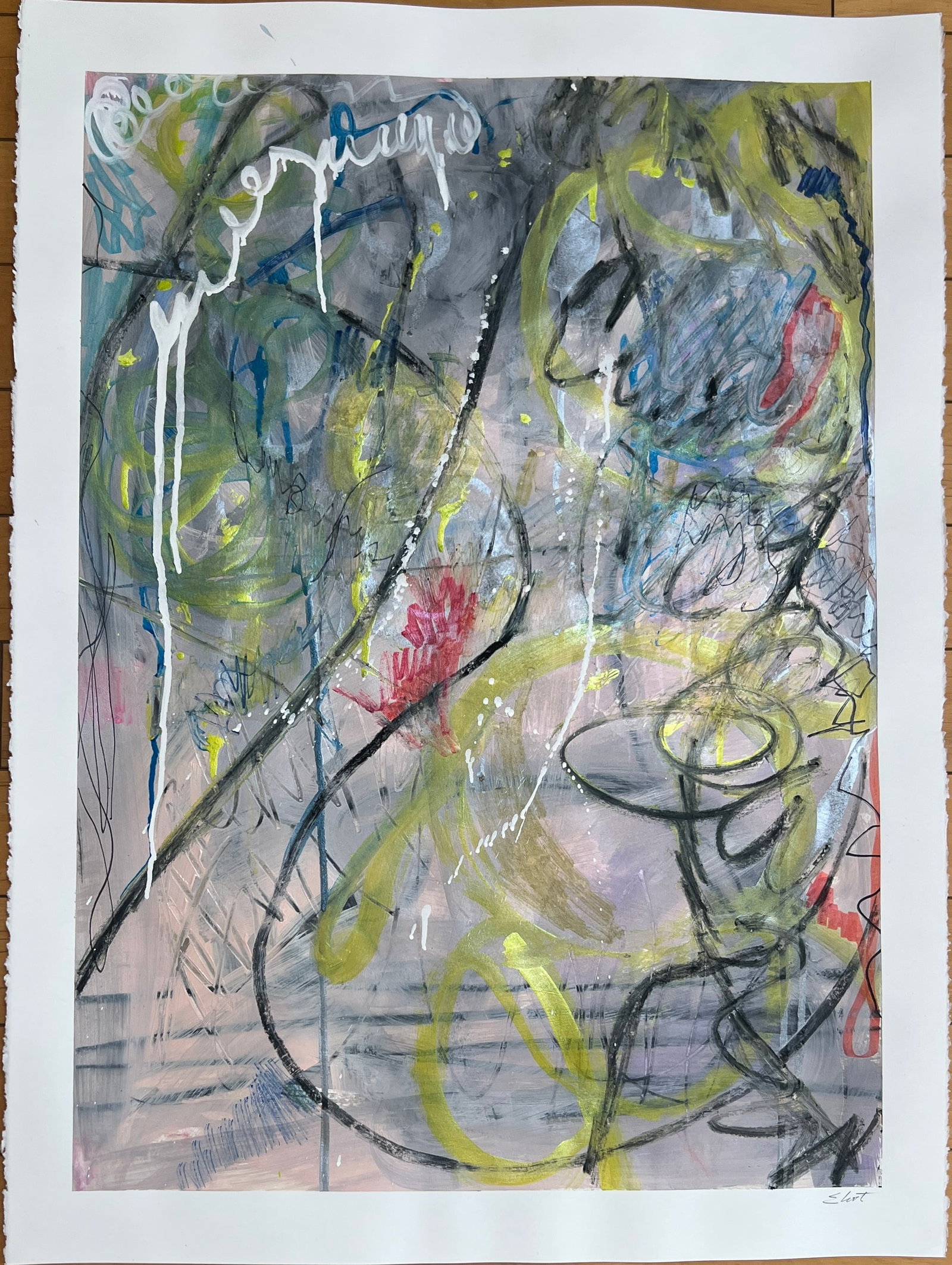 Abstract Mid Century Painting signed: Abstract painting on paper -signed by Eliot. Kaleidescope of colors and dripping white paints