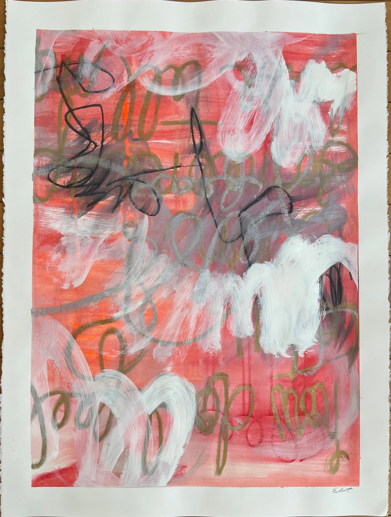 Abstract Mid Century Painting signed: Abstract painting on paper-signed Eliot. Kaleidescope of colors and dripping white paints