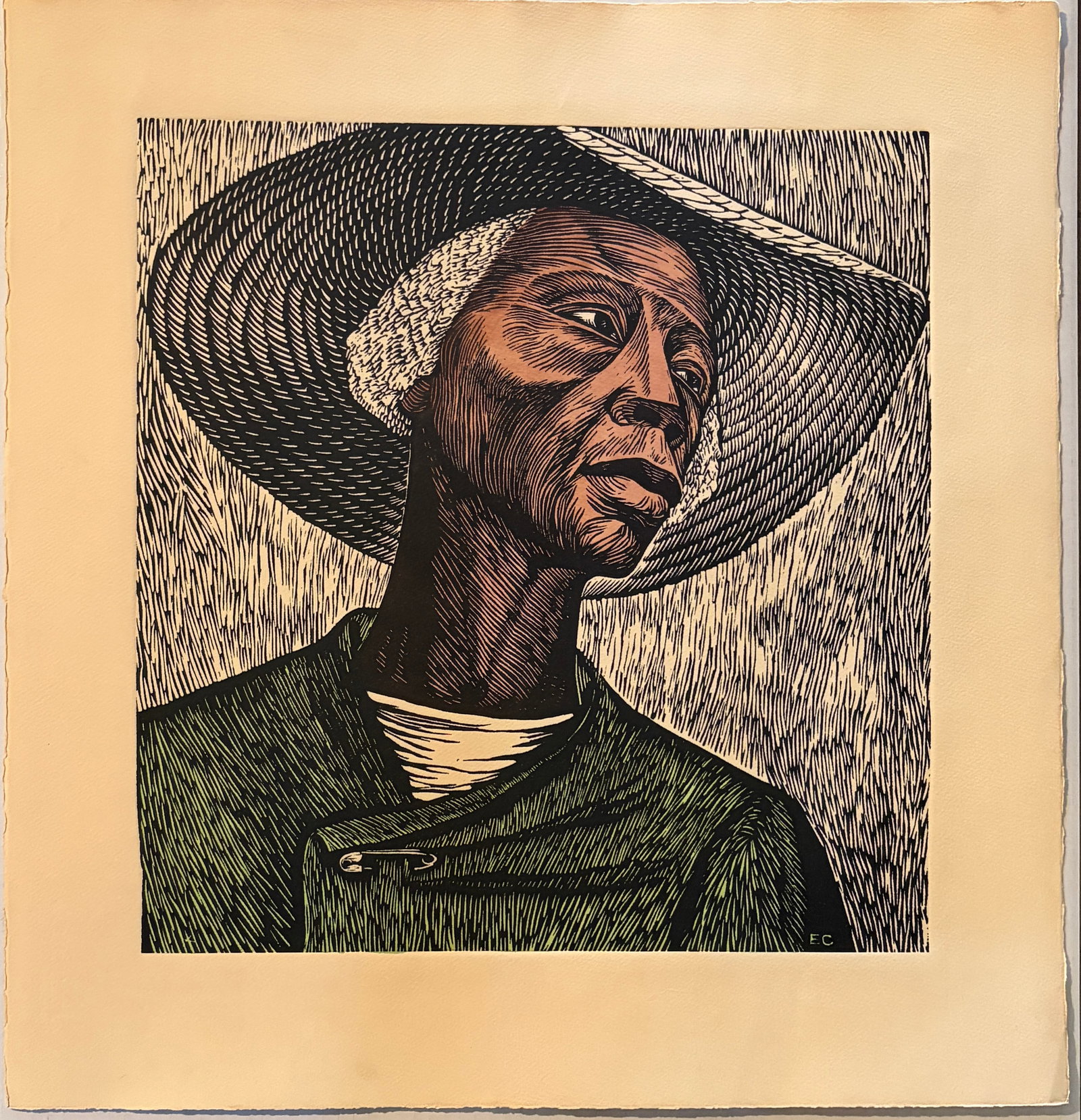 Elizabeth Catlett- Sharecropper - multi color linoleum cut on heavy weight wove paper: Elizabeth Catlett. Title: Sharecropper. Type: Linocut on heavyweight Somerset wove paper. Dimension: Sheet- 23.25 x 22.25 Image: 17.5 x 16.5. Full uncut margings. Somerset England watermark lower left