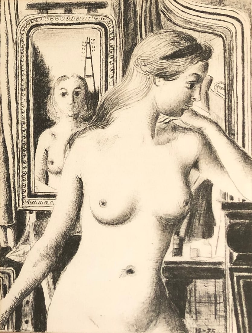 Paul Delvaux (1897-1994) " Two Nudes ": Paul Delvaux - Title: Two Nudes Year : 1975 Printer: Mourlot This work was published as the front piece of the Mira Jacob catalogue raisonne of Paul Delvaux engraved works. Sheet 12 1/2 x 9 1/4"