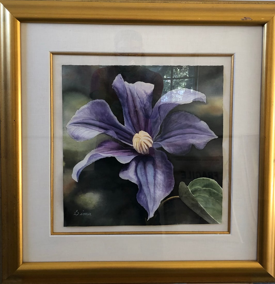 Sima - painting: Artist - Sima Title : Clematis Type: Watercolor Signed. Retail $ 3,000 Framed: 26 1/2 x 26 1/2" Art: 14 1/2 x 14 1/2"