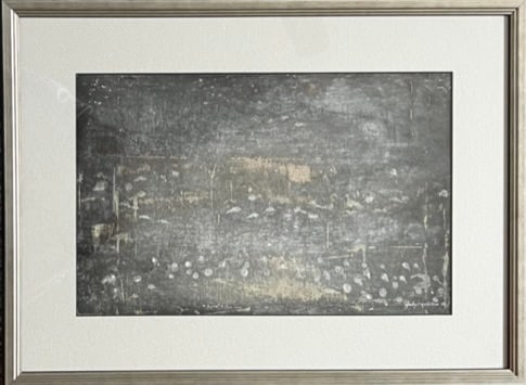 Gladys Goldstein (1918-2010) American- Abstract Mix Media 1959: Gladys Goldstein (1918-2010) American Signed lower right and dated 1959. Abstract Mix Media on paper. Great artist w/ lengthy write ups on internet . Label verso. Framed" 18 x 24" Site 11 x17"