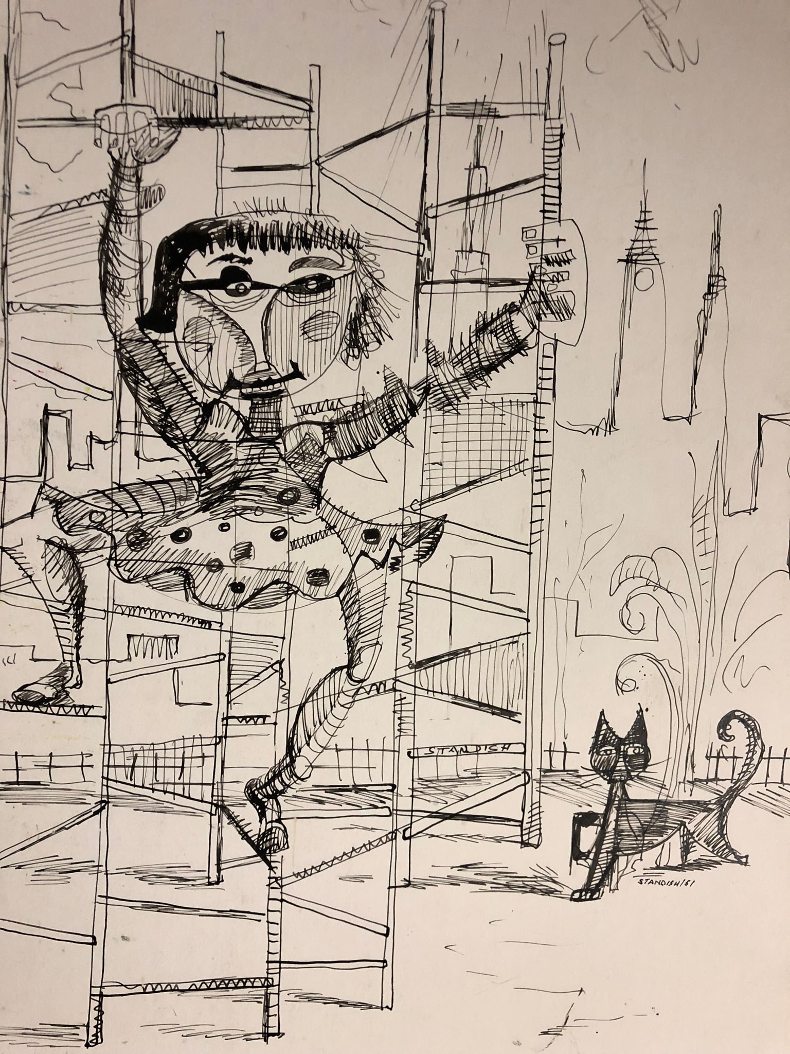 Schuyler Standish ( 1927-2010): Schuyler Standish - Ink on board. Title : Monkey Bar. Signed. Dated: 1951 Size: 22 x 14" Ink on board. This is quite a scarce work and would look great framed. Standish was not just a great artist,