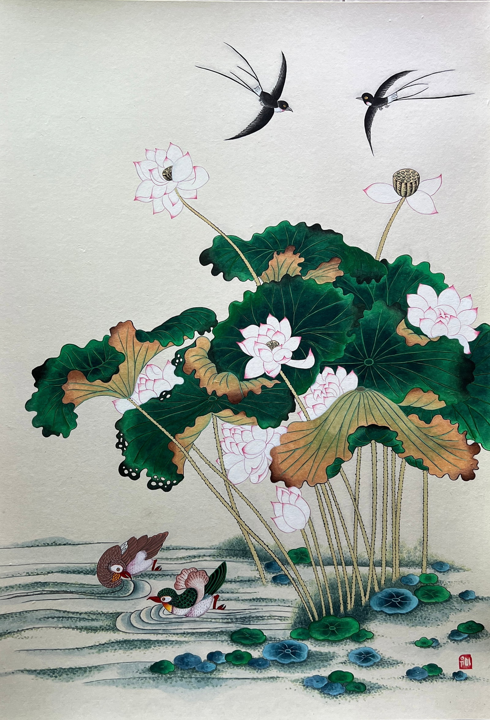 Japanese watercolor / ink -signed: Japanese watercolor and ink on handmade paper mounted on board. Chop mark lower right. 43 1/2" x 30" This large work was removed from frame Beautiful colors. Long term collector ownership and was said