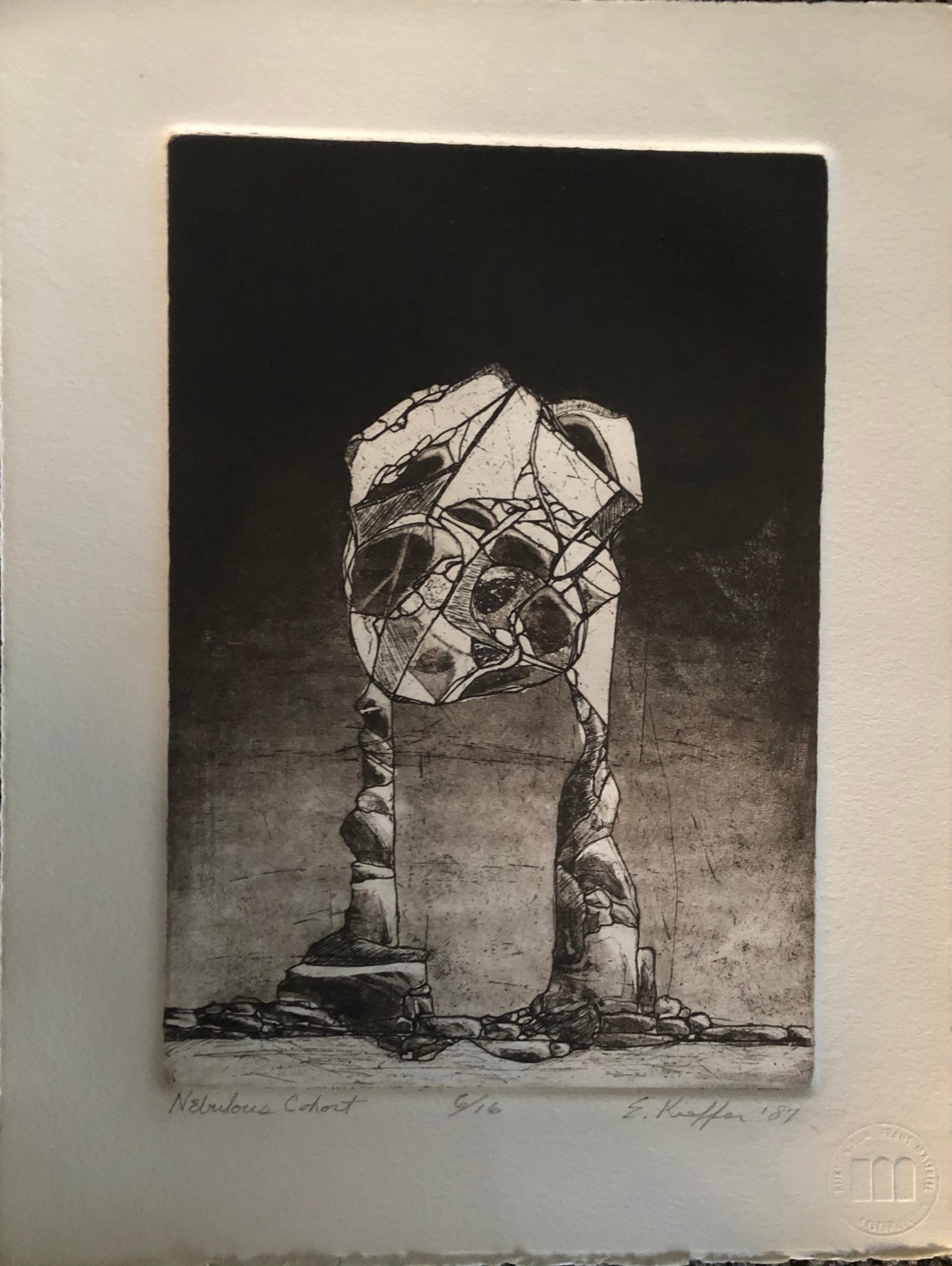 Ellen Kieffer-Nebulous Cohort: Ellen Kieffer - Title : Nebulous Cohort Etching black and white Edition: 6/16 Kasterless Stamp Lower right Dimension: 13 x 10 Kieffer was a bay area artist w/ a Masters of Fine Arts in Printmaking. He