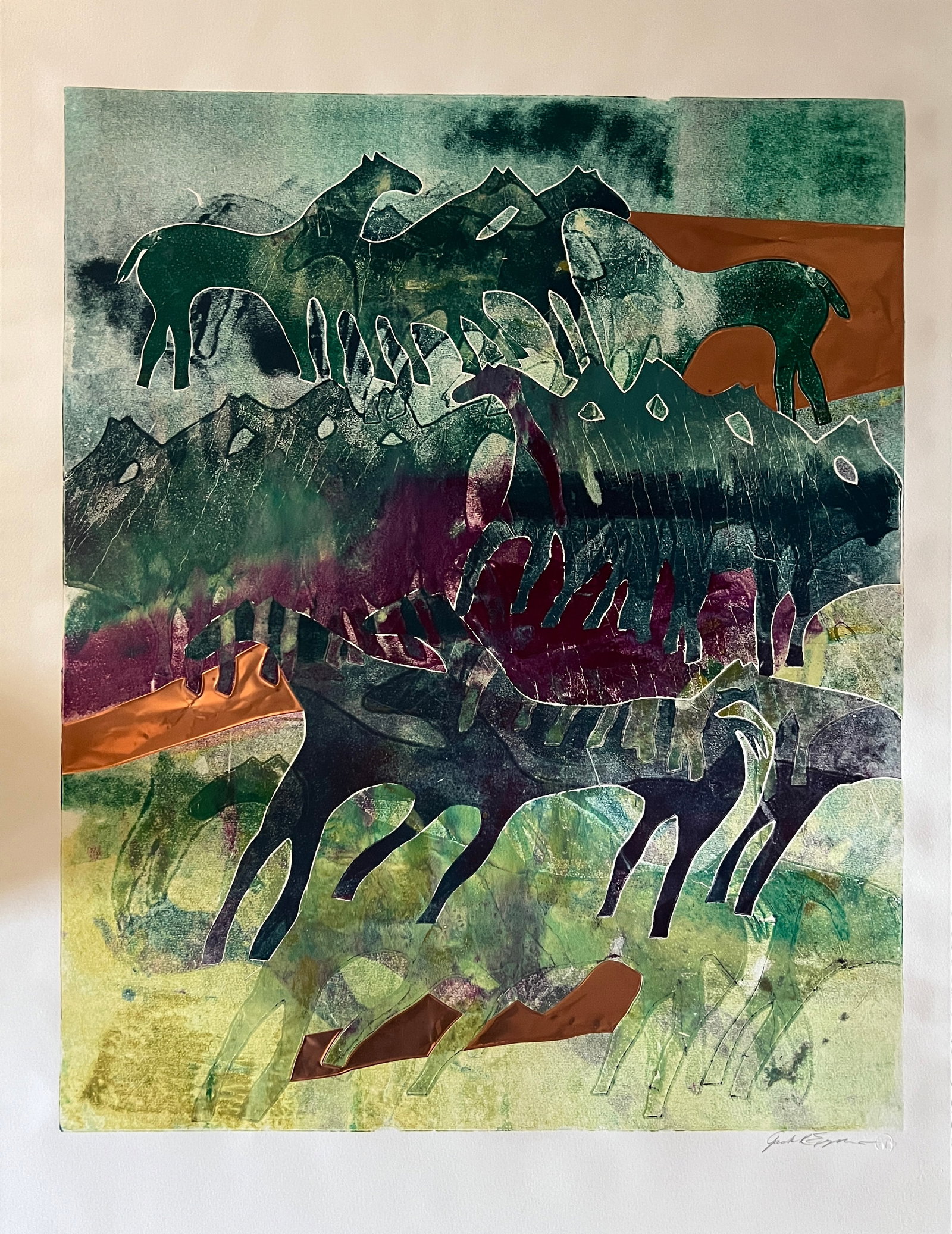 Jack R. Eggman -mid century signed: Jack R Eggman (b. 1954- ) Monoprint inlaid with copper. Signed in pencil lower right w/ seal. Povenance - Pasadena collector His work is known for his copper inlaid monotypes.