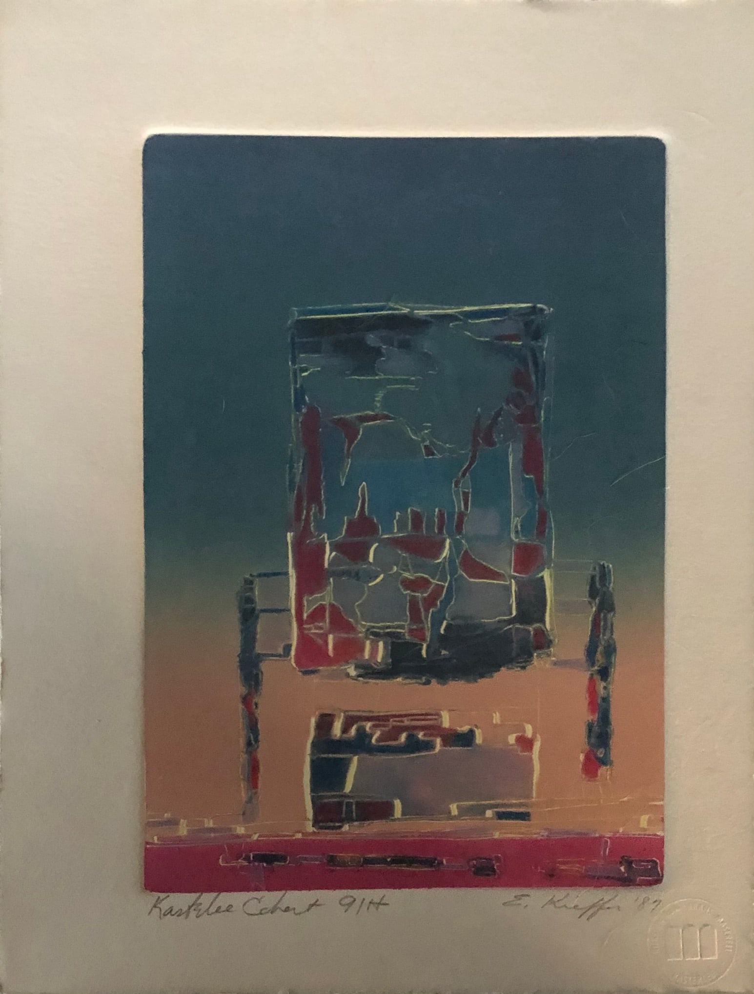 Ellen Kieffer- etching: Ellen Kieffer - Etching color Title: Kasterlee Cohort 91H Signed lower right Stamp lower right 13 x 10 Kieffer was a bay area artist w/ a Masters of Fine Arts in Printmaking. Her first montypes were i