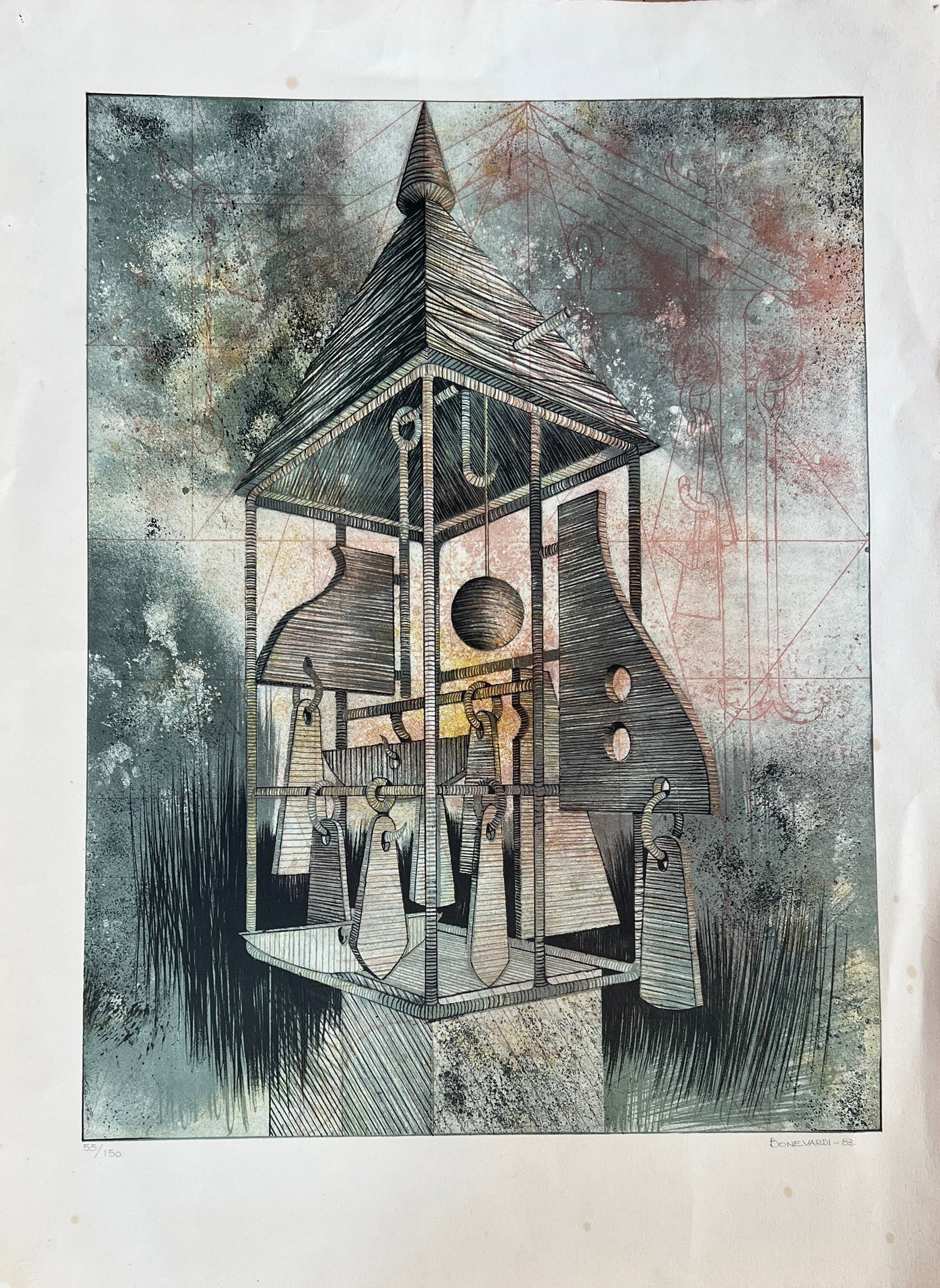Marcelo Bonevardi (Argentina 1929-1994) Signed: Marcelo Bonevardi (Argentina 1929-1994) Color Lithograph. Edition 55/150. Signed/Dated '83 in pencil. Sheet 29.5 x 22. Embossed chop mark "atelier dumag in New York" lower left. The print studio did w