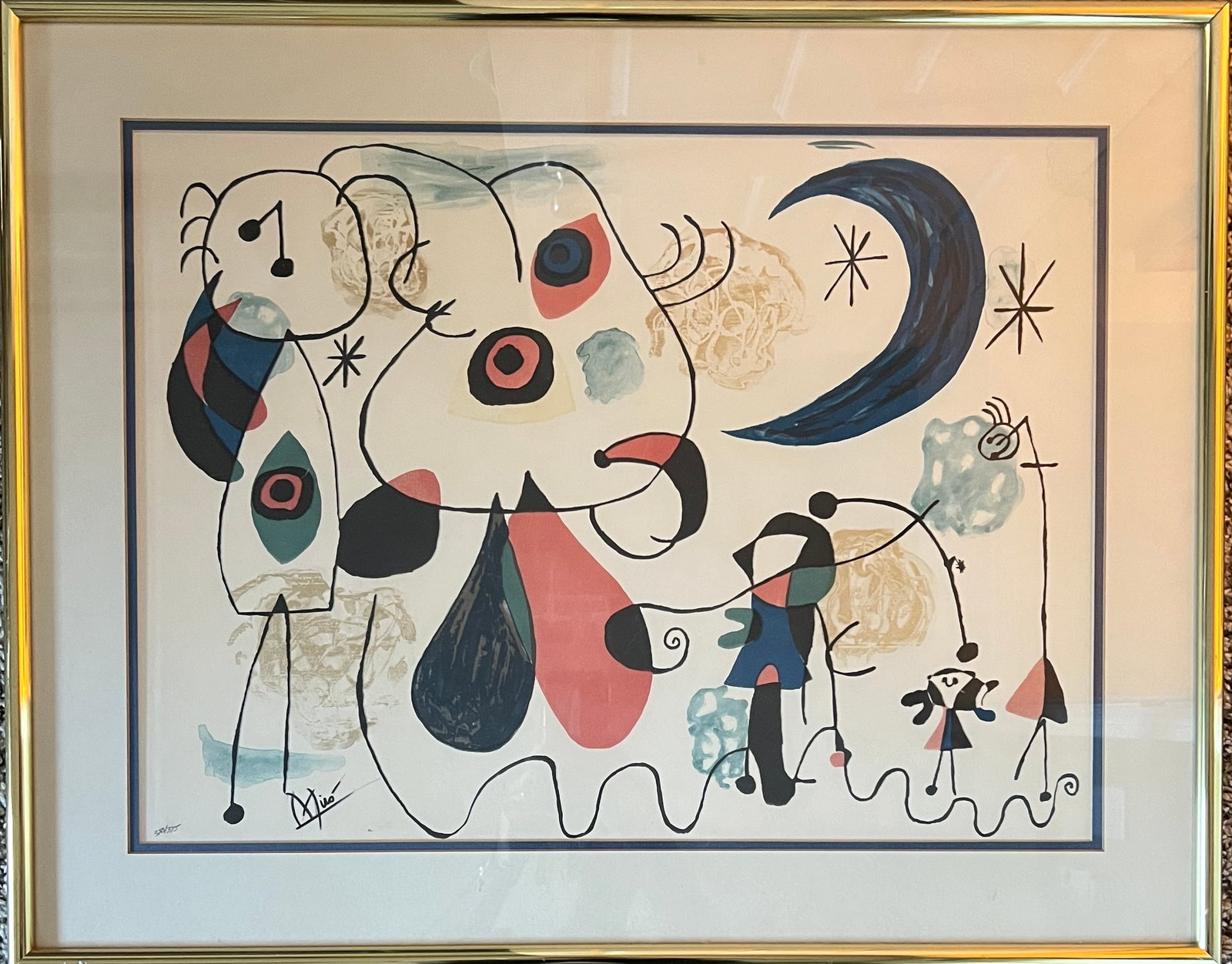Miro - Women, Birds and Moon: Miro Title - Women, Birds and Moon Lithograph, signed in the plate. Edition of 375 Beautifully framed. Frame: 23 x 29" Art sight : 17 x 23"