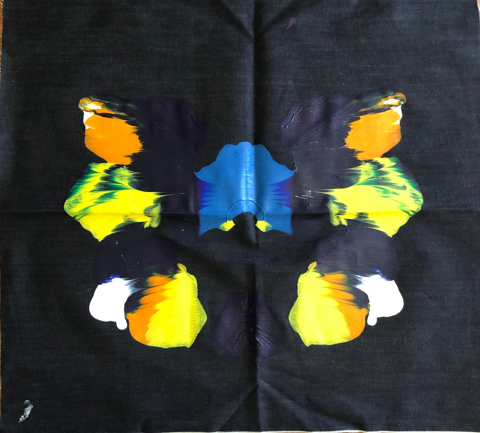 Betty Alanis- painting: Betty Alanis - Abstract painting on denim - blue and metallic copper. Known for her abstract works and designs on paper and textile. 25 x 28" signed verso