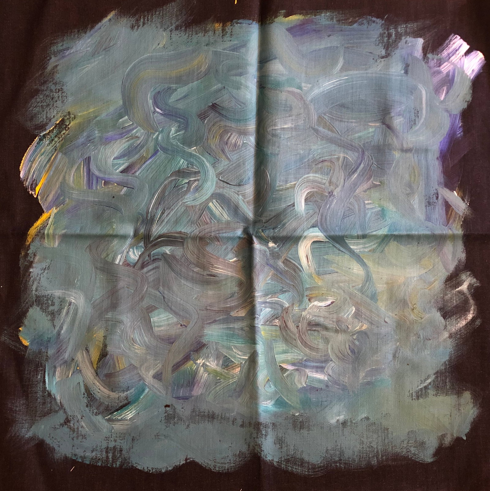 Betty Alanis- painting: Betty Alanis - Abstract painting on denim- blue swirl. Known for her abstract works and designs on paper and textile. 28" x 27" signed verso