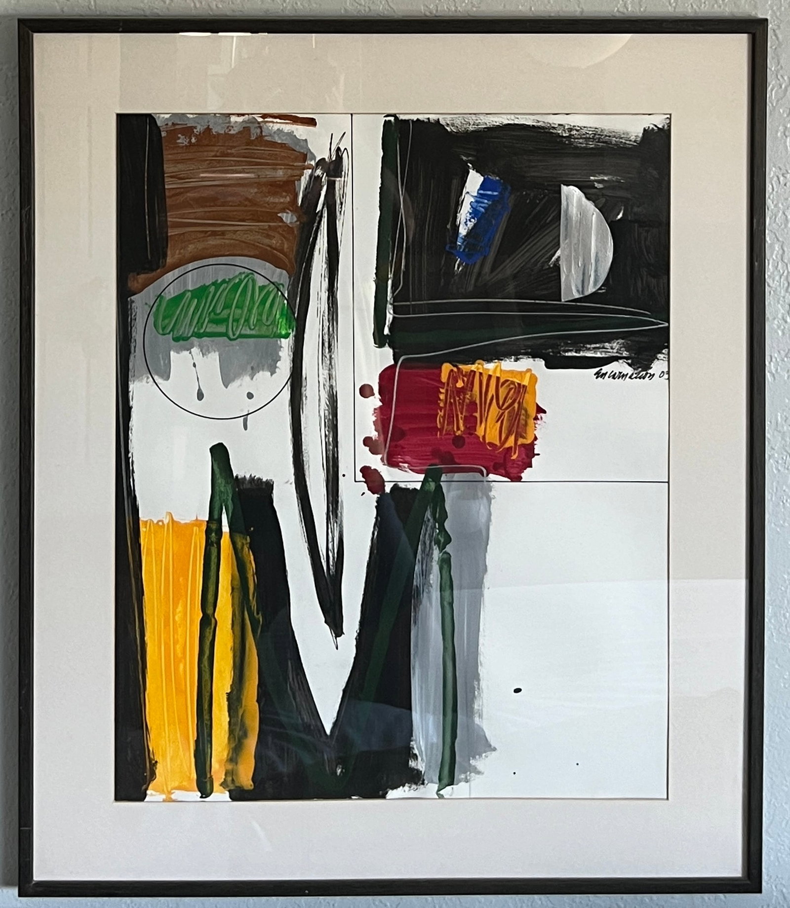 Ronaldo Encarnacion - Abstract painting: Ronaldo Encarnacion (Cuba) Abstract painting on paper. Signed and Dated '03. Vivid vibrant colors what he is known for. Frame: 29 3/4 x 25 1/2" Sight: 23 1/4 x 19"