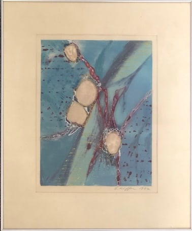 Ellen Kieffer- Mix Media: Ellen Kieffer - Mix media print w/ painted glass Signed/Dated 1982 Frame: 18 3/4 x 15 1/2" Site: 12 3/4 x 9 7/8" Kieffer was a bay area artist w/ a Masters of Fine Arts in Printmaking. Her first