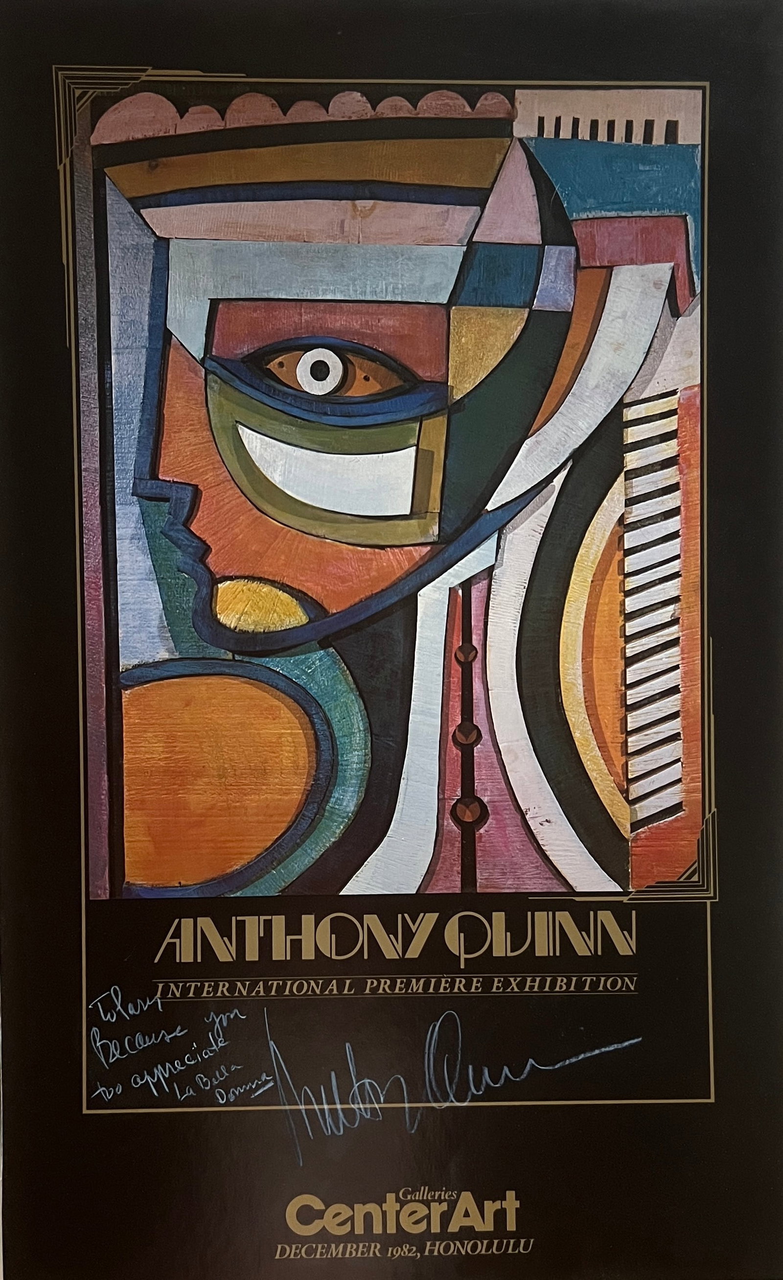 Anthony Quinn -Exhibition print signed: Anthony Quinn International Premier Exhibition - Center Art Galleries, December 1982 Honolulu. Was removed from frame . Signed and inscribed. 32 3/4 x 20 1/2
