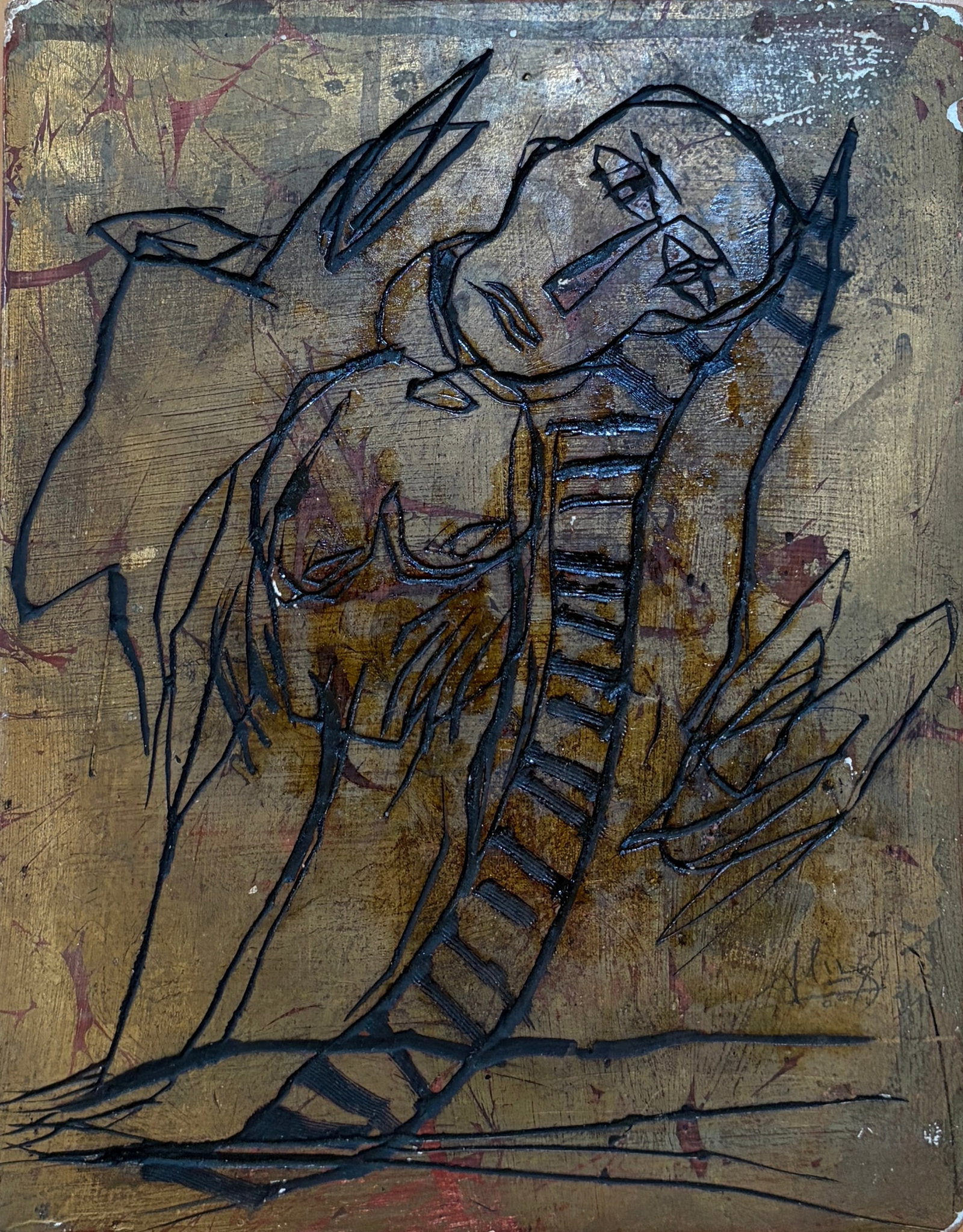 Alejandro Santiago (Mexican, 1964-2013) Original Carved Relief Block -Signed (1 of 3)