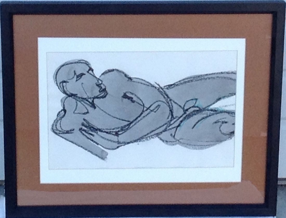 Robert Brown (1917-2009). Painting , framed in glass.: Artist: Robert Brown. (1917-2009) Mix media painting on paper. Dimensions: Framed: 17 1/2" x 21 1/2" Image shown: 9 1/2" x 14 1/2" Few scratches on frame. Full artist bio on sheet attached to verso.